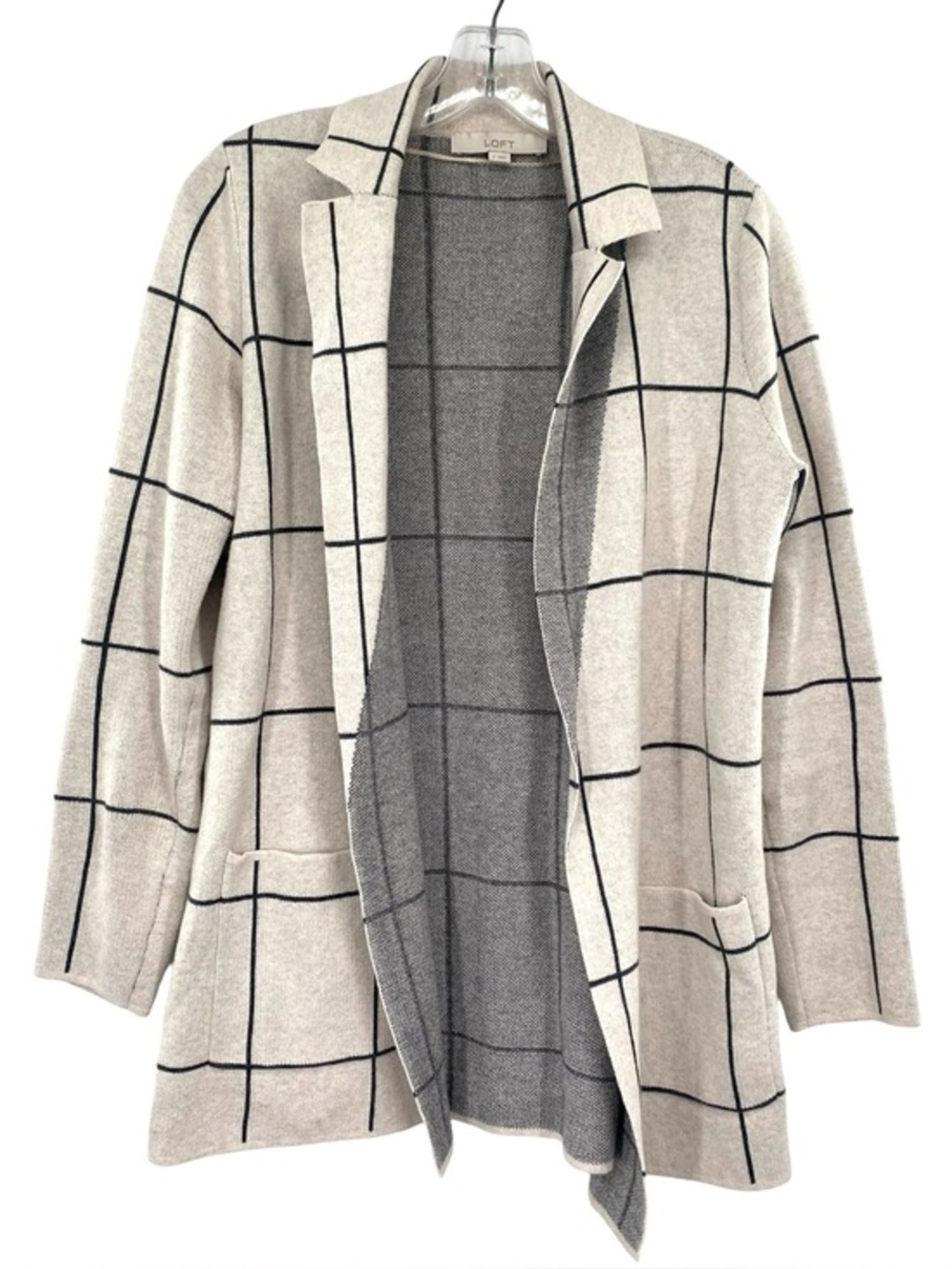 Loft Plaid Open Front Knit Sweater Blazer Jacket Pockets Size Small